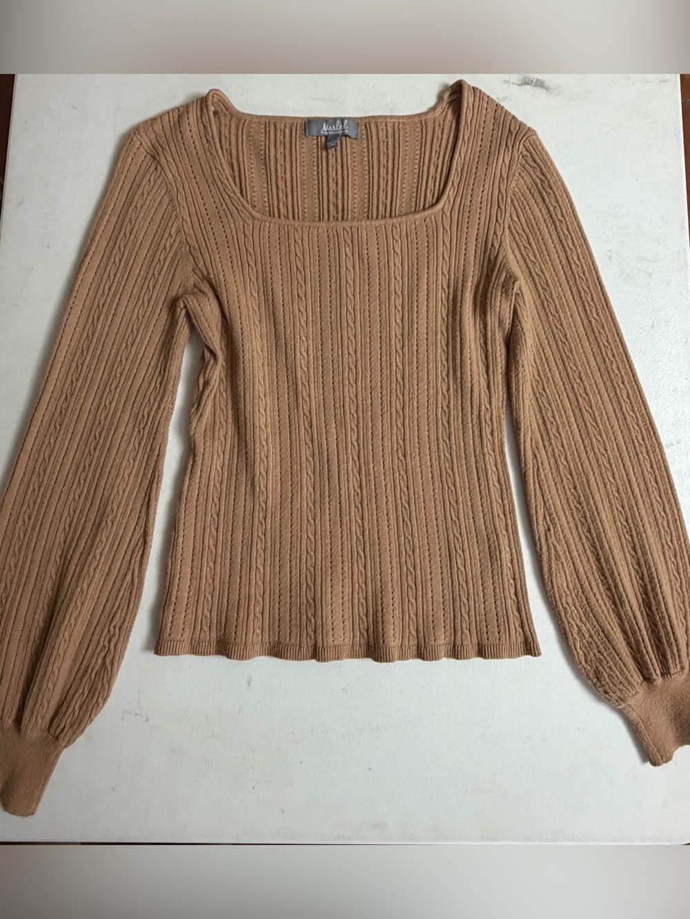 Marled Reunited Clothing Camel Cable-Knit Square-Neck Sweater Size M